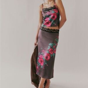 Free People Floral Satin Slip Top and Skirt Set in Charcoal, Pink, Teal